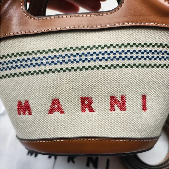 Marni Mini Canvas Tote with Tan Leather Trim and Red Logo - Picture 2 of 9